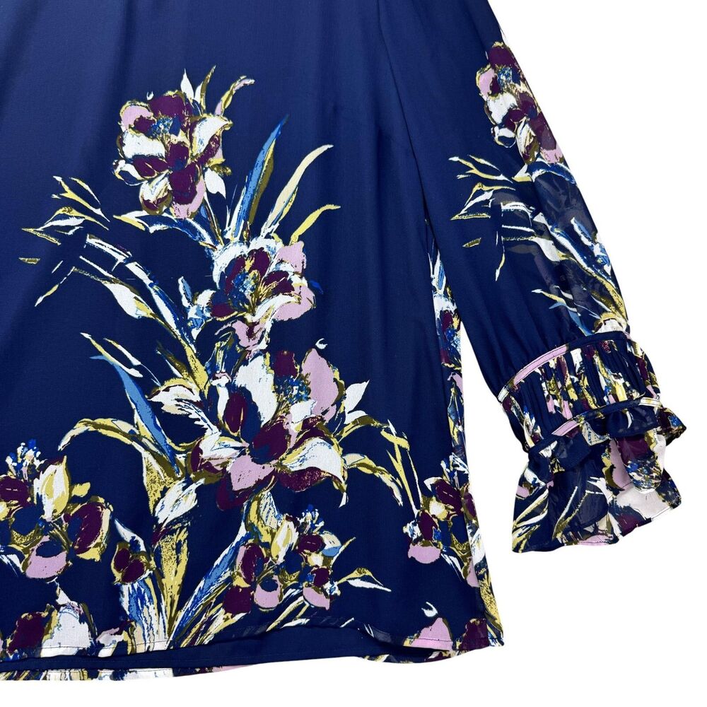 Chico’s Blouse Womens 2 Blue Stretch Floral Bird Of Paradise-Print Pullover Knit - Picture 7 of 12
